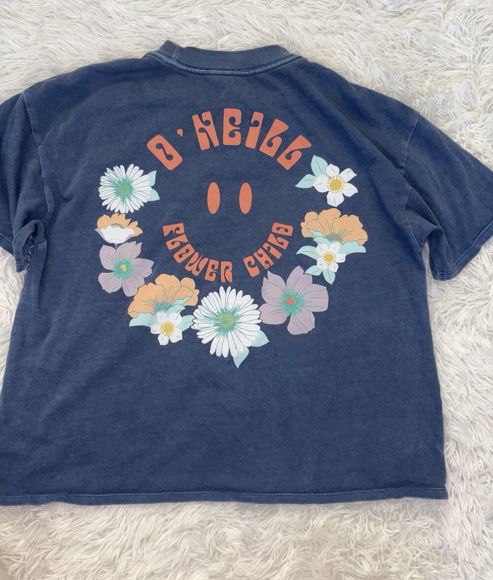 O’Neill “Flower Child” Washed Blue Sz. S Design Tee. Soft, Great Tee